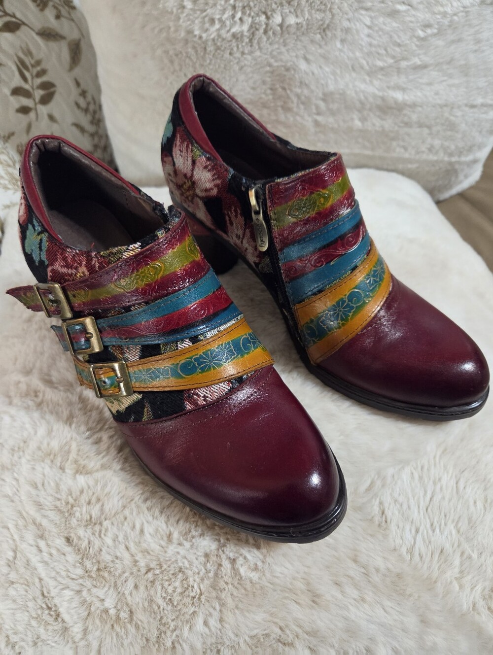 Socofy Multicolor Floral Strap Block Heel Shoes Burgundy Accent. Sz 39 Or 81/2 - Picture 13 of 13